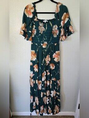 Baltic Born | Southampton Green Floral Smocked Maxi Dress Size Medium